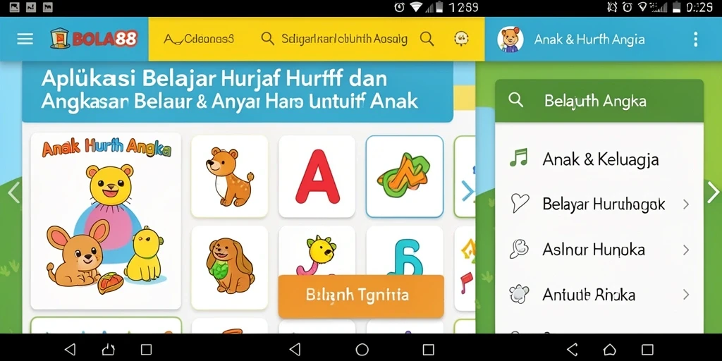 Antarmuka BOLA88 yang interaktif untuk belajar huruf dan angka.